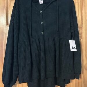 SO Black Textured Button-Up Top